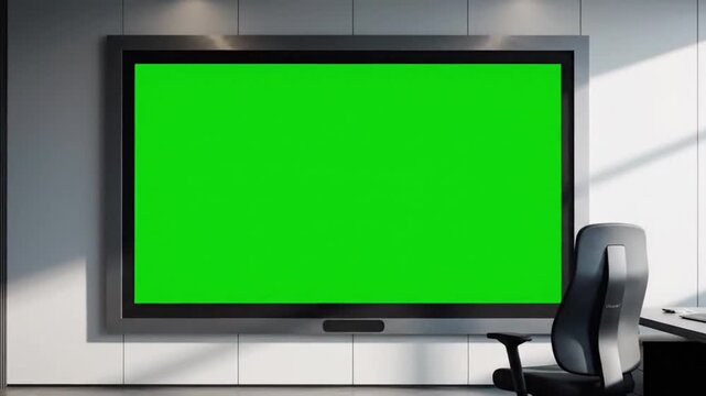 Large green screen monitor in a modern office setting with an empty chair, ready for content display.