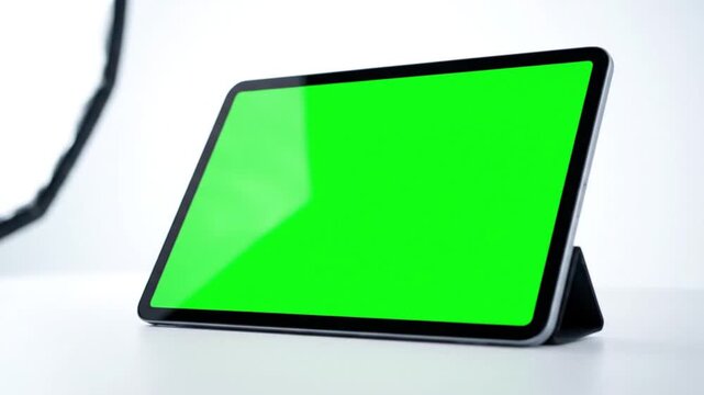 A modern tablet device with a vibrant green screen display on a white background, ready for custom content.