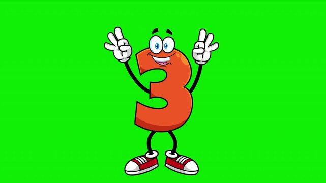 Funny Orange Number Three 3 Cartoon Character Showing Hand Number Three &ndash; 4K Animation Video Motion Graphics With Chroma Key Green Screen Background