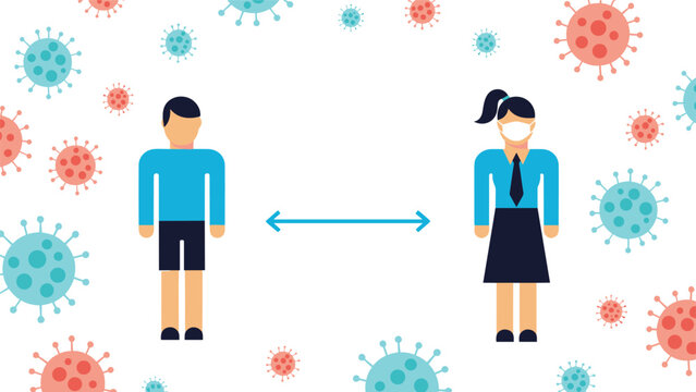 Two individuals, a man and a woman in a mask, maintaining appropriate social distance amidst virus particles, symbolizing health safety.