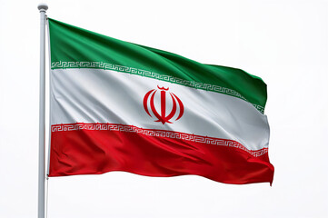 Naklejka premium The National Flag of Iran, The green, white, and red horizontal stripes of the Iranian flag wave proudly on a flagpole against a clean white background.