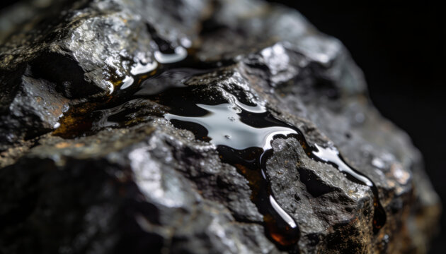 Petroleum price dark oil on rough coal rock glossy droplet texture macro contrast dramatic