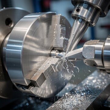 Close up, macro of metal lathe in operation, a rotating cylindrical steel workpiece gripped by a three jaw chuck