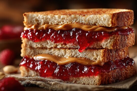 Close-up of a stacked peanut butter and jelly sandwich on a wooden board