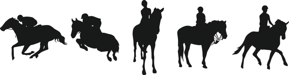 Fototapeta premium Horse riding silhouettes set with equestrian riders in various poses including galloping jumping and walking isolated on white background for sports design