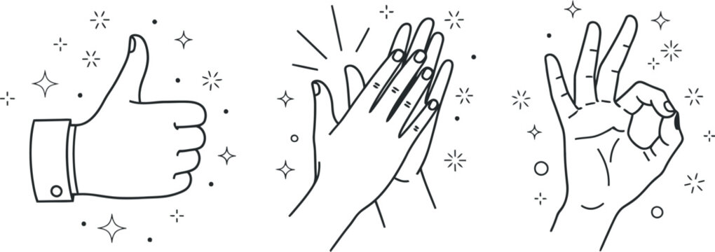 Minimalist line art hand gesture set with thumbs up, clapping, and ok signs