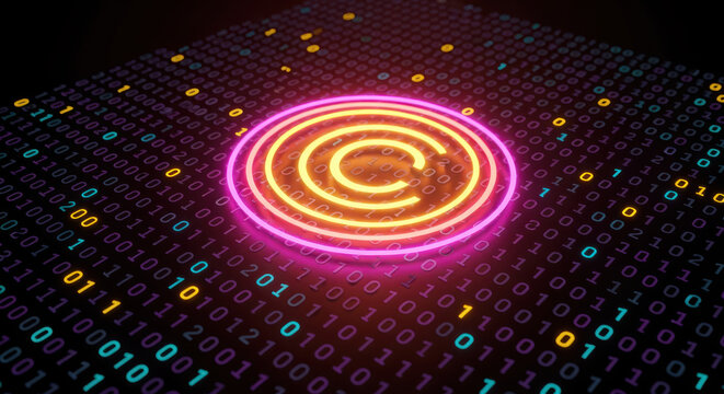 Neon copyright symbol on digital binary code background with colorful numbers and lights