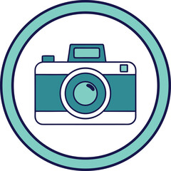 A graphic illustration of a camera in a circle with a white background