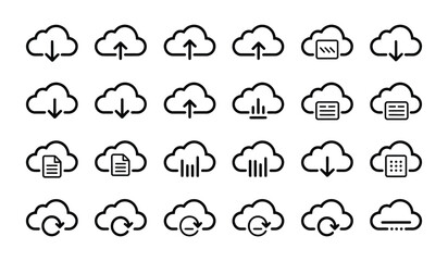 Cloud technology icons for data storage, transfer, and synchronization
