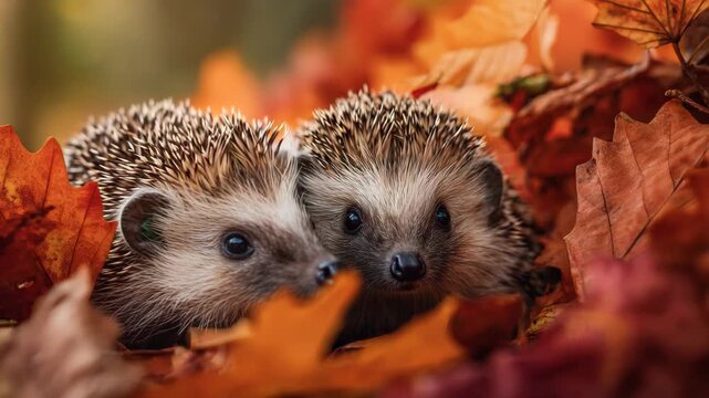Two hedgehogs in autumn leaves wildlife closeup scene