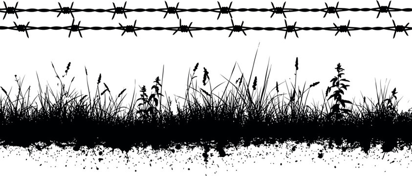 Distressed black and white silhouette illustration of wild grass and a barbed wire fence