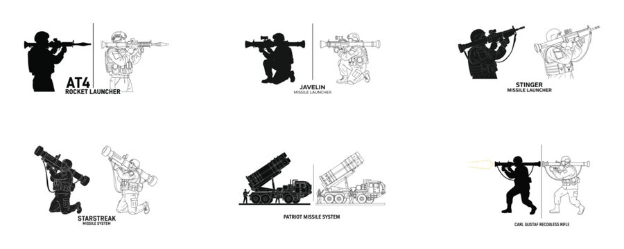 Soldier With Anti Tank Weapon Vector Icon Set AT4 Javelin NLAW and RPG Military Illustration