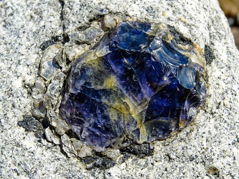 Large massive blue cordierite grain embedded in light gray coarse grained granite gneiss.