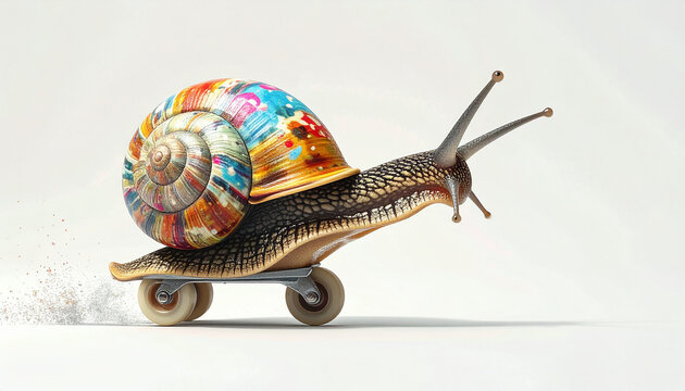 Vibrant shelled gastropod propelling rapidly on a skateboard, showcasing an unexpected and energetic sprint across the ground