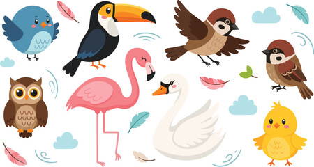 Fototapeta premium Cute Bird Cartoon Vector Collection Featuring Toucan, Flamingo, Swan, Owl, Sparrow, Bluebird and Chick with Feathers, Clouds and Nature Elements.