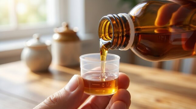 A human hand pours golden brown syrup from an amber glass bottle into a clear plastic measuring cup with volume markings