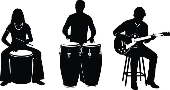 Set of musician silhouettes featuring a drummer, conga player, and electric guitar player for live music performance, band, concert, and entertainment.