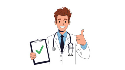 Fototapeta premium Confident male doctor in a white coat and stethoscope, giving a thumbs up and holding a clipboard with a green checkmark, symbolizing success.