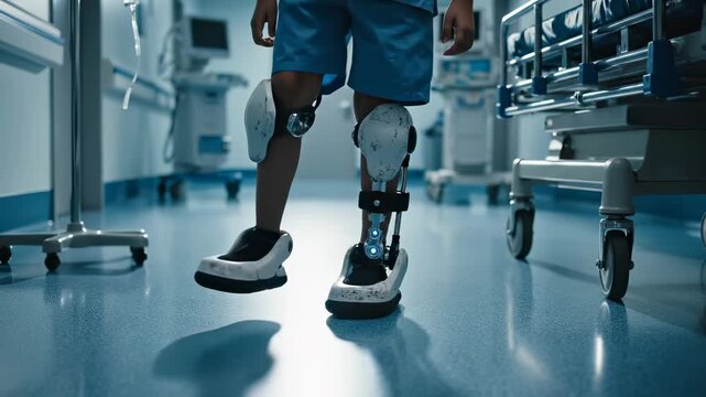 Child walks with robotic exoskeleton in hospital hallway. Boy uses exoskeleton for walking rehabilitation. Child legs move with robot aid. Exoskeleton helps boy walking. Future medical tech.
