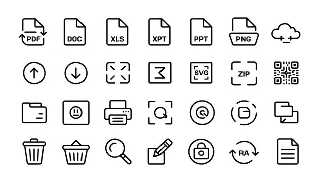 Comprehensive set of file type, document management, and digital action line icons for web and app interfaces.