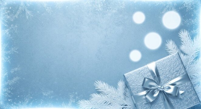 Shimmering blue winter backdrop featuring a beautifully wrapped silver gift, celebrating the magic and joy of the festive season