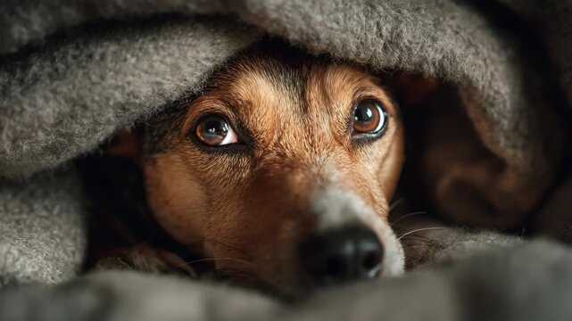 Dog under blanket cozy pet puppy warm cute animal portrait