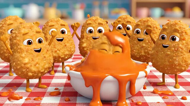 Animated chicken nuggets with sauce display on a checked table