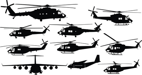 Mega collection of black airplane and helicopter silhouettes featuring various aircraft types like military choppers and transport planes on white, © Razia