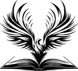 Obraz premium Phoenix Rising from the Pages: A stylized phoenix with outstretched wings emerges from an open book, symbolizing rebirth, knowledge, and the power of stories.