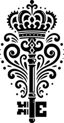 Ornate Key Emblem: A regal and intricate black and white emblem featuring a stylized key with a crown and decorative flourishes, symbolizing access, power, or heritage.