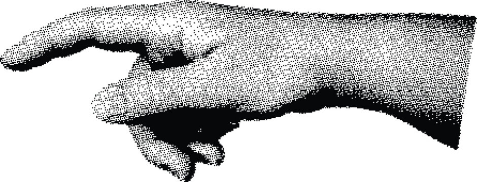 Halftone illustration of a human hand pointing to the left with index finger extended  isolated on transparent background