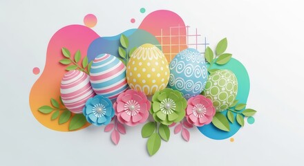 Easter eggs and paper flowers on abstract background