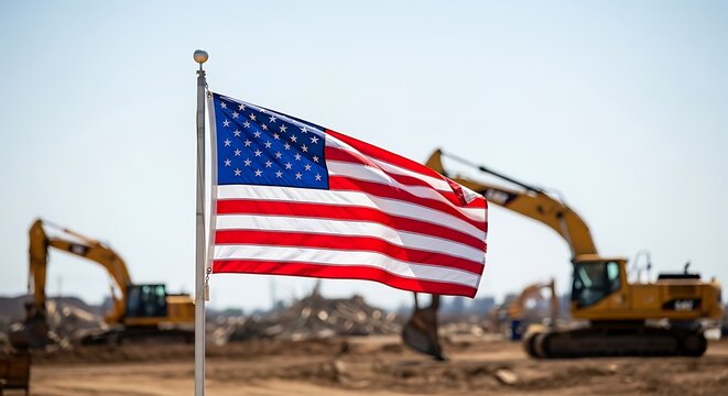 American Flag Waving in Front of Construction Site with Excavators