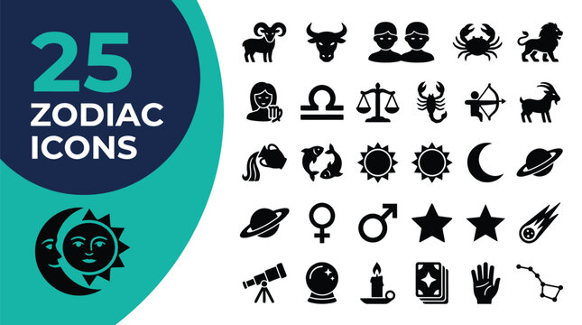 Collection of 25 zodiac and astrological icons with celestial symbols.