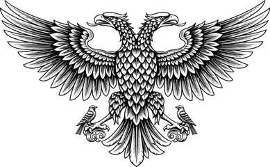 Double‑headed eagle heraldic emblem, symmetrical black and white vector illustration, ornate wings and talons design, historical coat of arms, powerful symbolic artwork