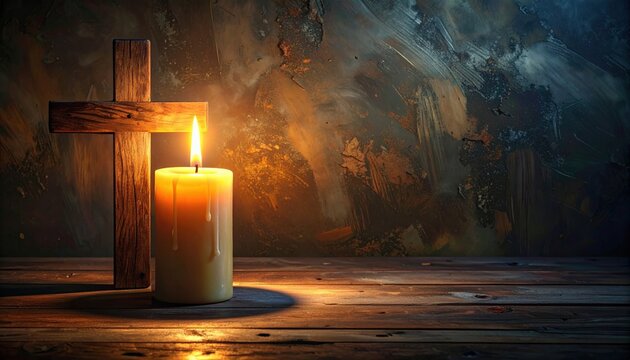 Candle and cross in dramatic still life lighting, Holy Saturday concept