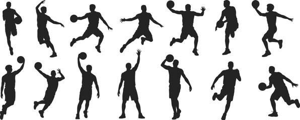Basketball silhouette, player silhouette, dribbling pose, shooting action, jumping dunk, passing ball, slam dunk, sports vector, athletic art, team sport, dynamic design © MdAriful