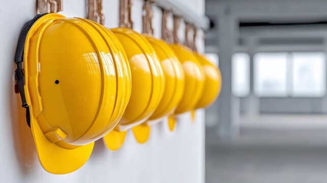 Yellow hard hats hanging on hooks in an industrial workspace, with large windows and a bright, open area visible in the background
