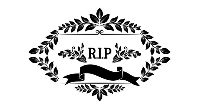 Black and white R.I.P. memorial design with elegant leaf frame and ribbon banner, symbolizing remembrance and loss.