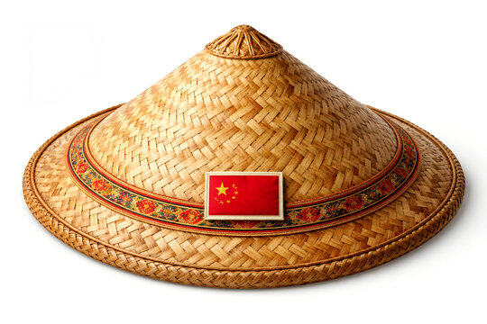 Traditional national hat from China -traditional bamboo coolie hat ,douli, representing authentic cultural heritage and craftsmanship. A small sewn fabric label featuring the China national flag.