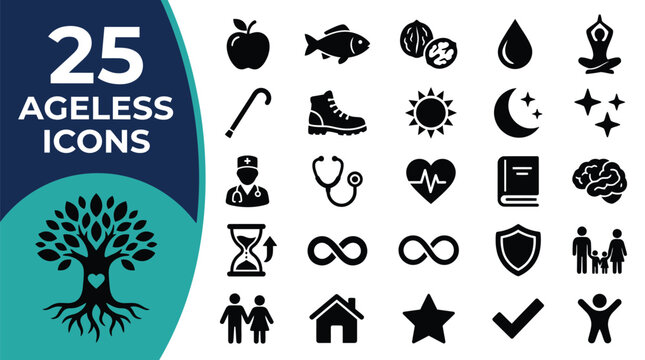 A collection of ageless icons representing health, life, and well-being.