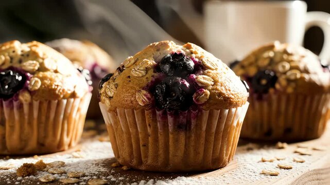 Close up of freshly baked muffins with oats and berries on wooden surface