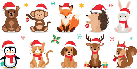 Cute Christmas animals collection with bear monkey fox hedgehog rabbit penguin dog deer squirrel vector illustration set © Vector Design Hub