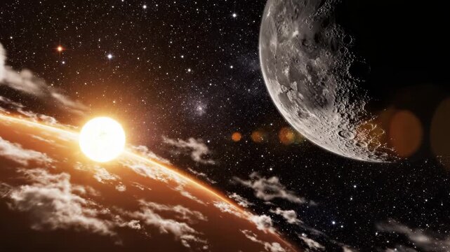 Planet and moon in space with sun and clouds
