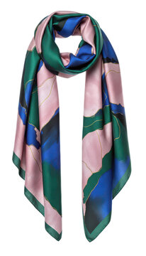 Elegant silk scarf with abstract pink, green and blue pattern, isolated on transparent background