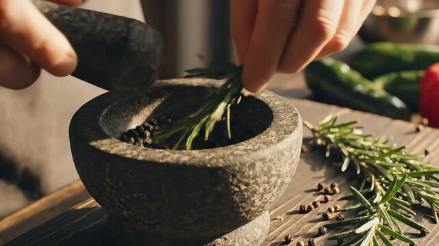 Close up of hands grinding spices in stone mortar and pestle with fresh herbs