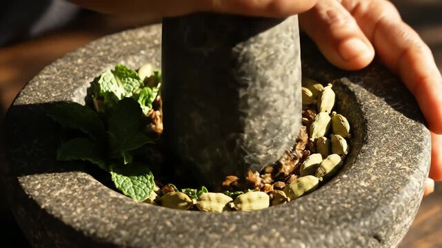 Close up of mortar and pestle grinding herbs and spices