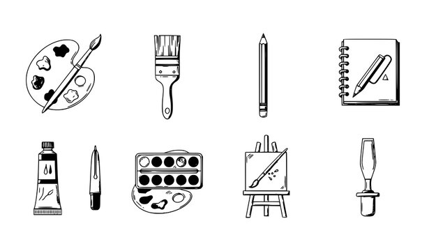 Detailed line art creative tools icon set with artist supplies drawing and painting equipment vector isolated on white background