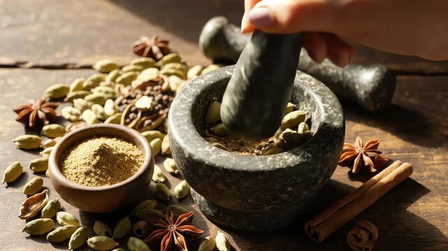 Close up of spices with mortar and pestle on wooden surface