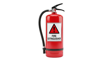 Obraz premium Bright red portable fire extinguisher with safety instructions label isolated on transparent background